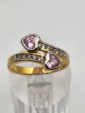 Vintage Edco Gold Tone & Pink Hearts Bypass Ring (10)